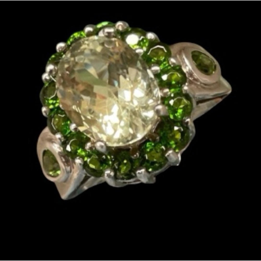 Elegant Prasiolite and Tsavorite Garnet Ring set in Sterling Silver    size 5.25